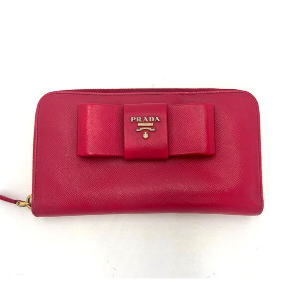 Prada Saffiano Leather Bow Zip Around Hot Pink Continental Wallet- COA Included - Picture 1 of 11
